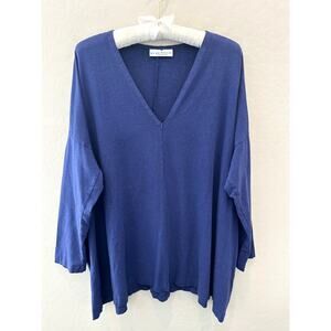 BRYN WALKER | Bamboo Organic Cotton V-Neck Top Blue | Size Large